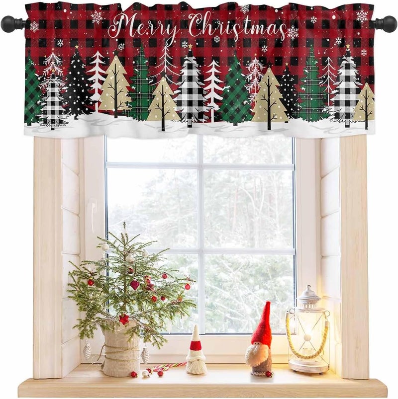 LooPoP Christmas Valance for Windows Merry Christmas Tree Curtains Valances Rod Pocket Valance Window Treatments Buffalo Plaid Short Curtains for Kitchen Living Room Bedroom Xmas Holiday 1 Panel 42x12 - Image 1